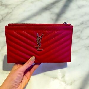 YSL Authentic Grain De Poudre Chevron Monogram Bill Pouch Rouge Eros